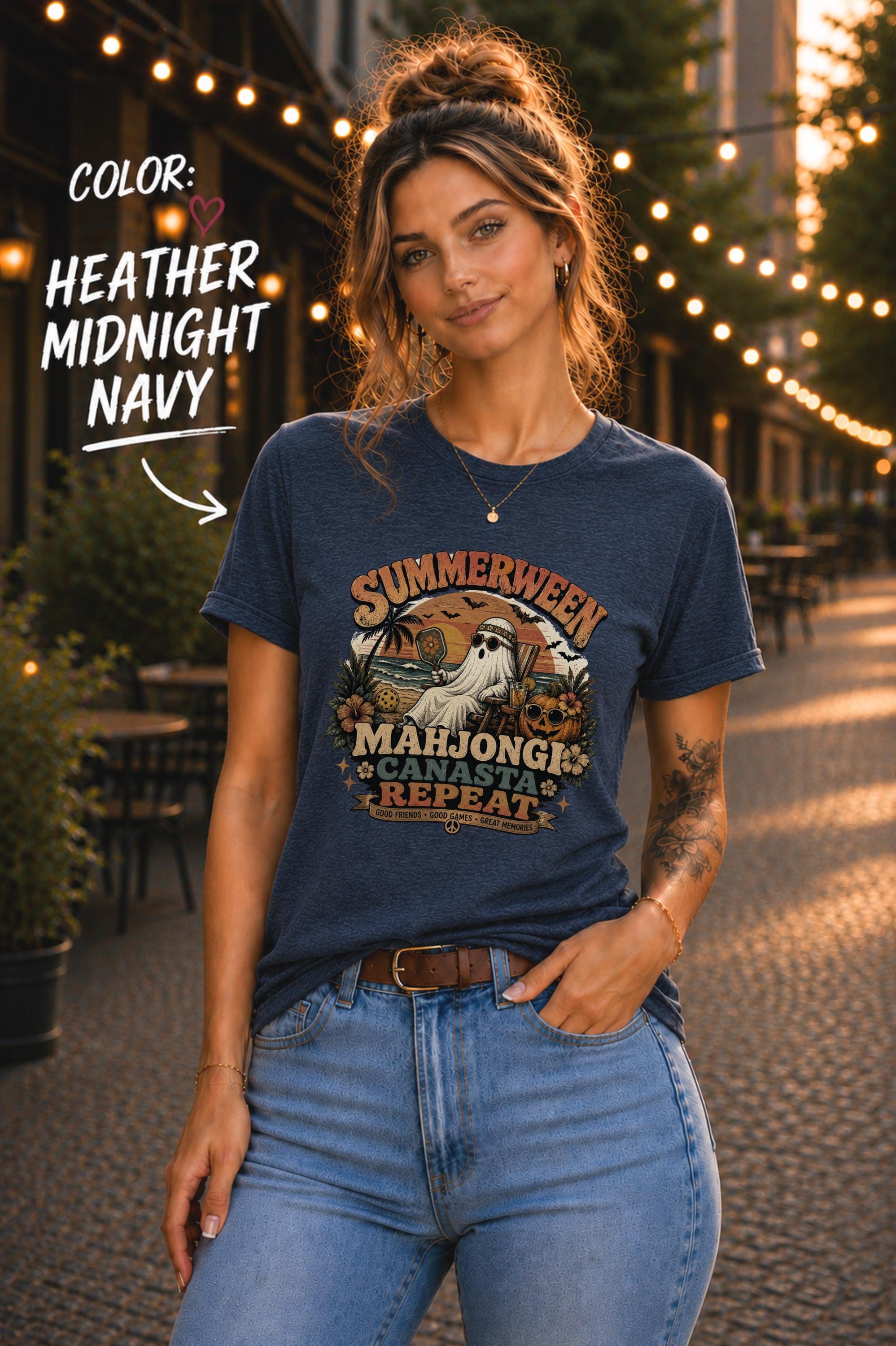 Funny Summerween shirt with beach ghost, pumpkins, palm trees, Mahjong, and Canasta retro graphic.