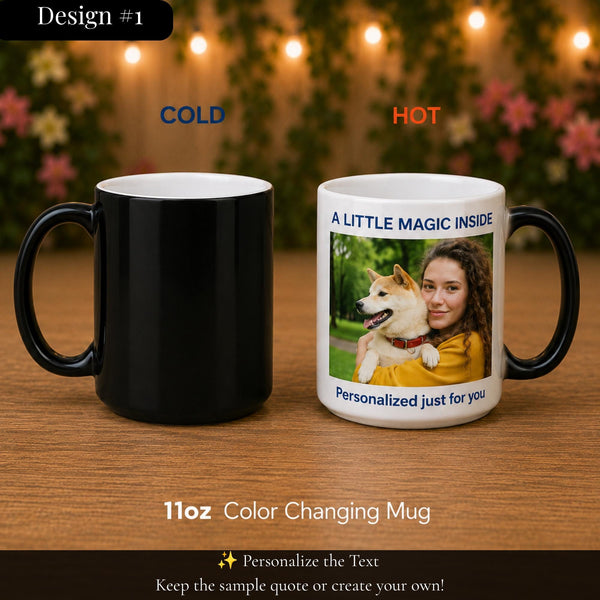 11oz color changing mug mockup showing black cold mug and personalized photo mug revealed with heat, custom pet photo gift.