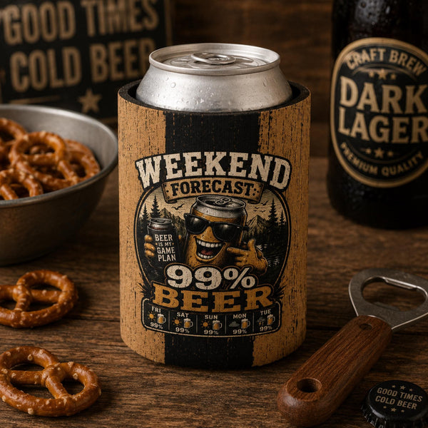 Rustic weekend forecast beer can cooler sleeve with funny 99% beer design displayed on a wooden table beside pretzels and craft beer.