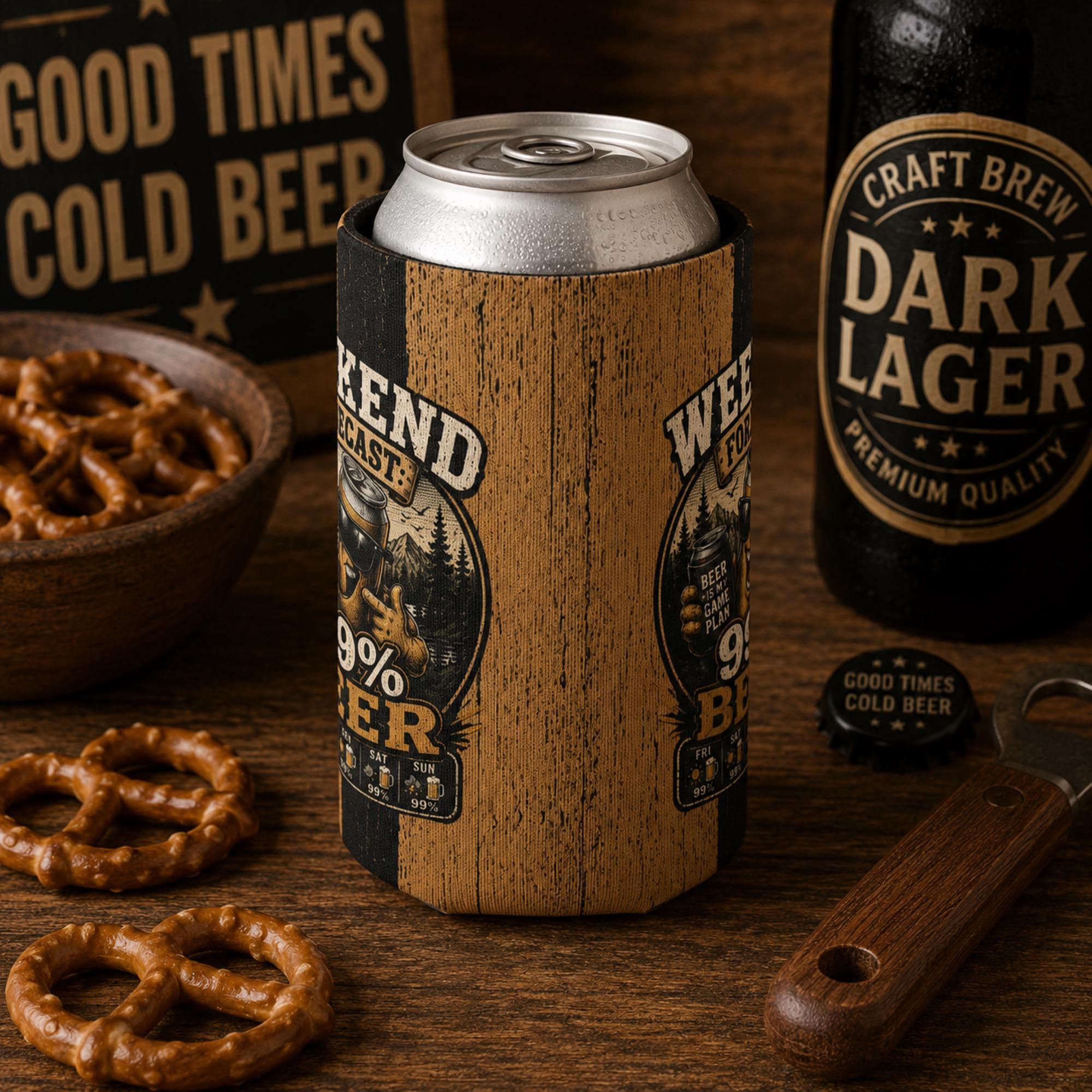 Funny Weekend Forecast 99% Beer regular can cooler sleeve featuring a vintage beer can graphic and rustic wood stripe background.