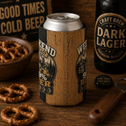 Funny Weekend Forecast 99% Beer regular can cooler sleeve featuring a vintage beer can graphic and rustic wood stripe background.