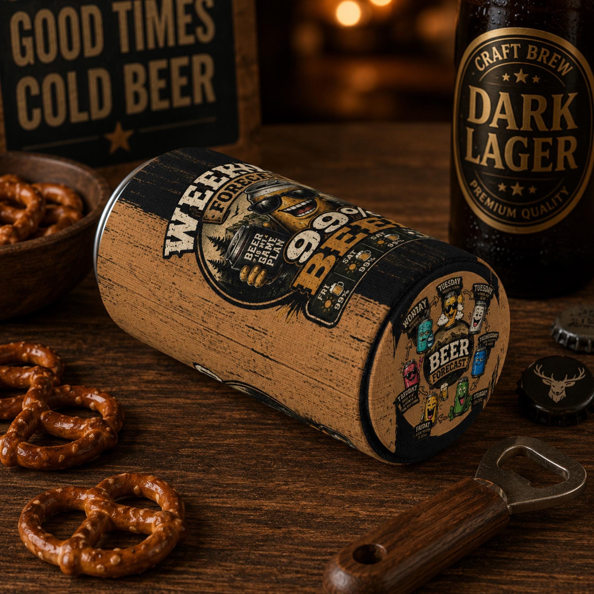 Weekend Forecast 99% Beer slim can cooler sleeve with distressed wood stripe design and humorous beer weather forecast artwork.