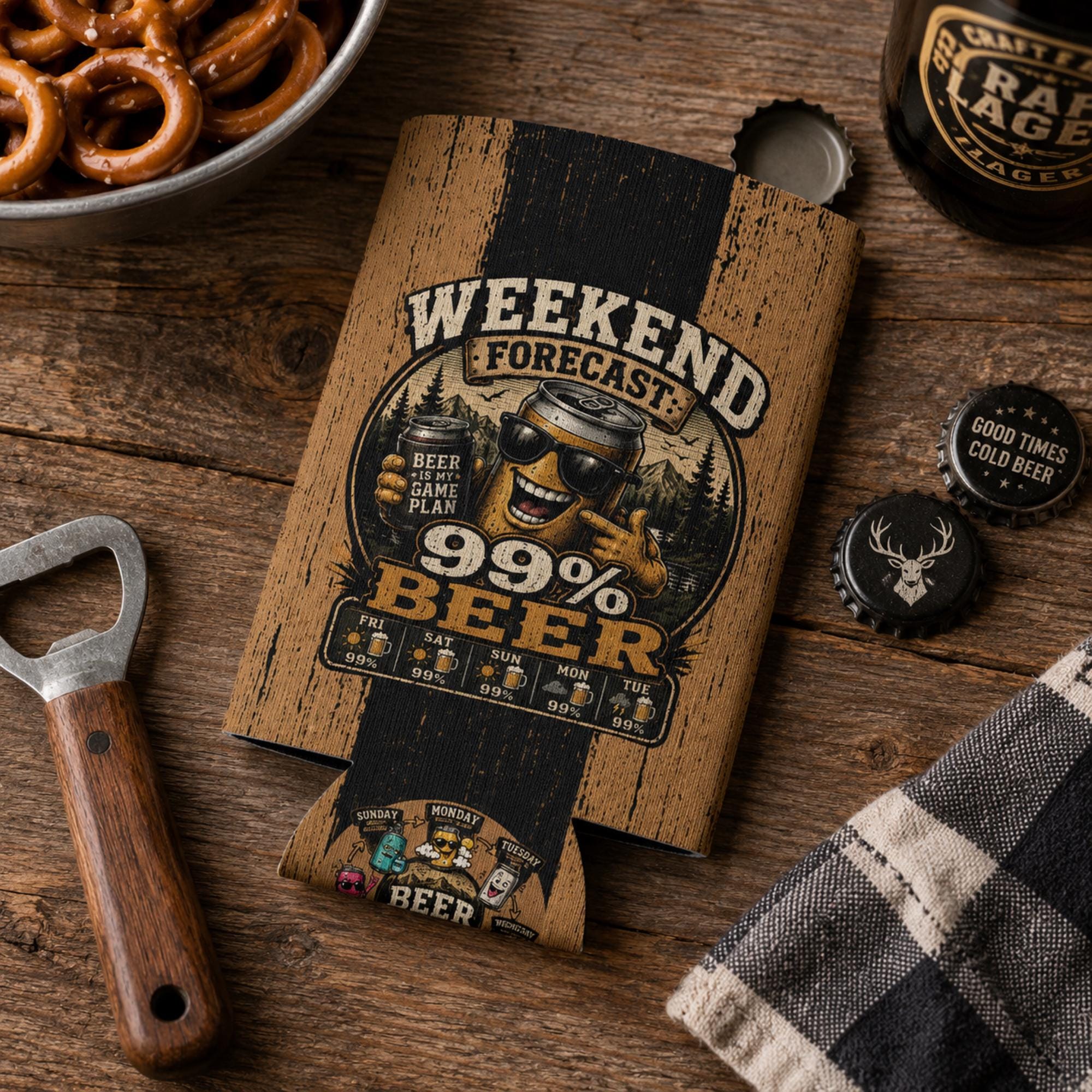 Funny beer can cooler sleeve lying on a rustic wooden table showing the Weekend Forecast 99% Beer design.