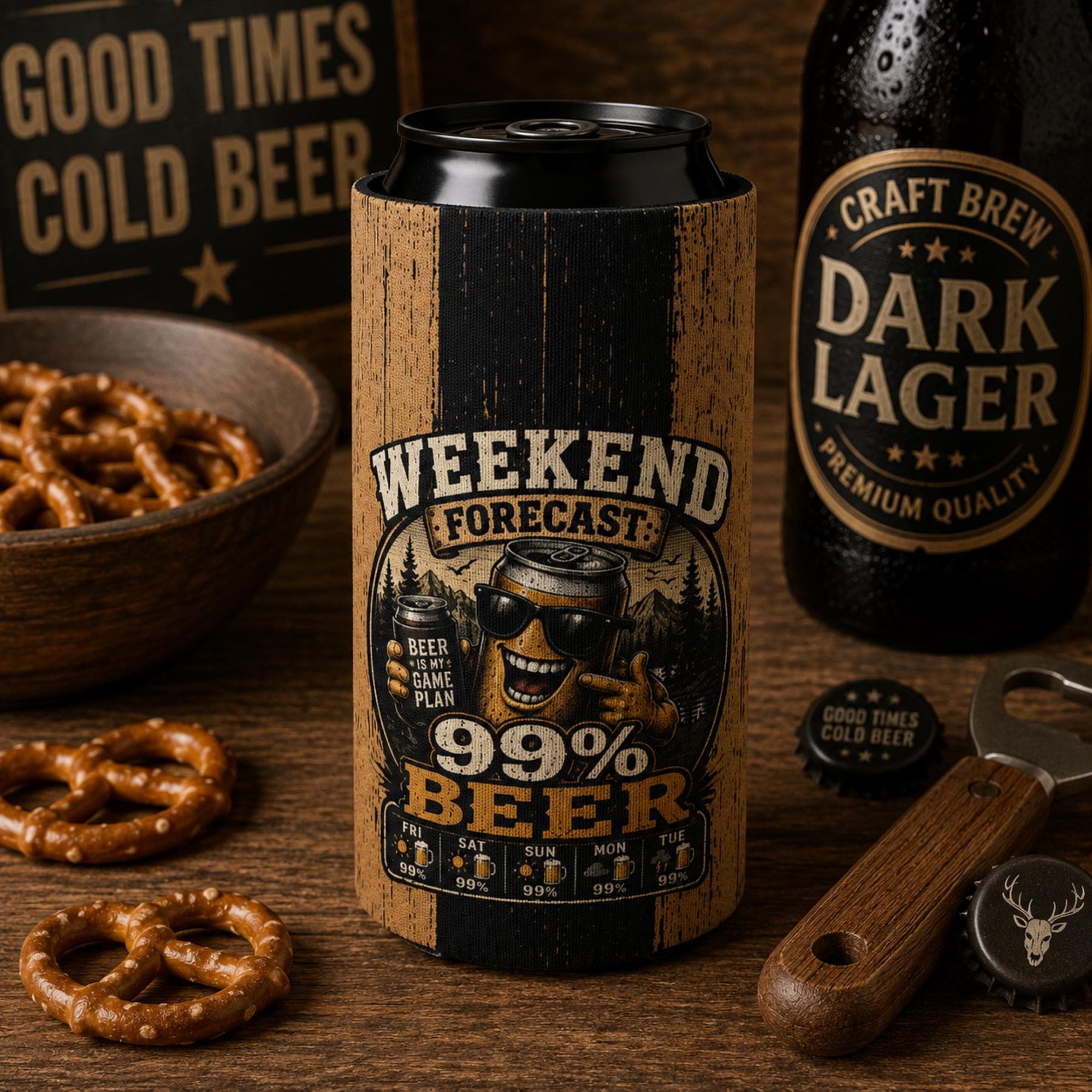 Back of the funny beer can cooler sleeve showcasing the wraparound beer forecast design with rustic wood texture.
