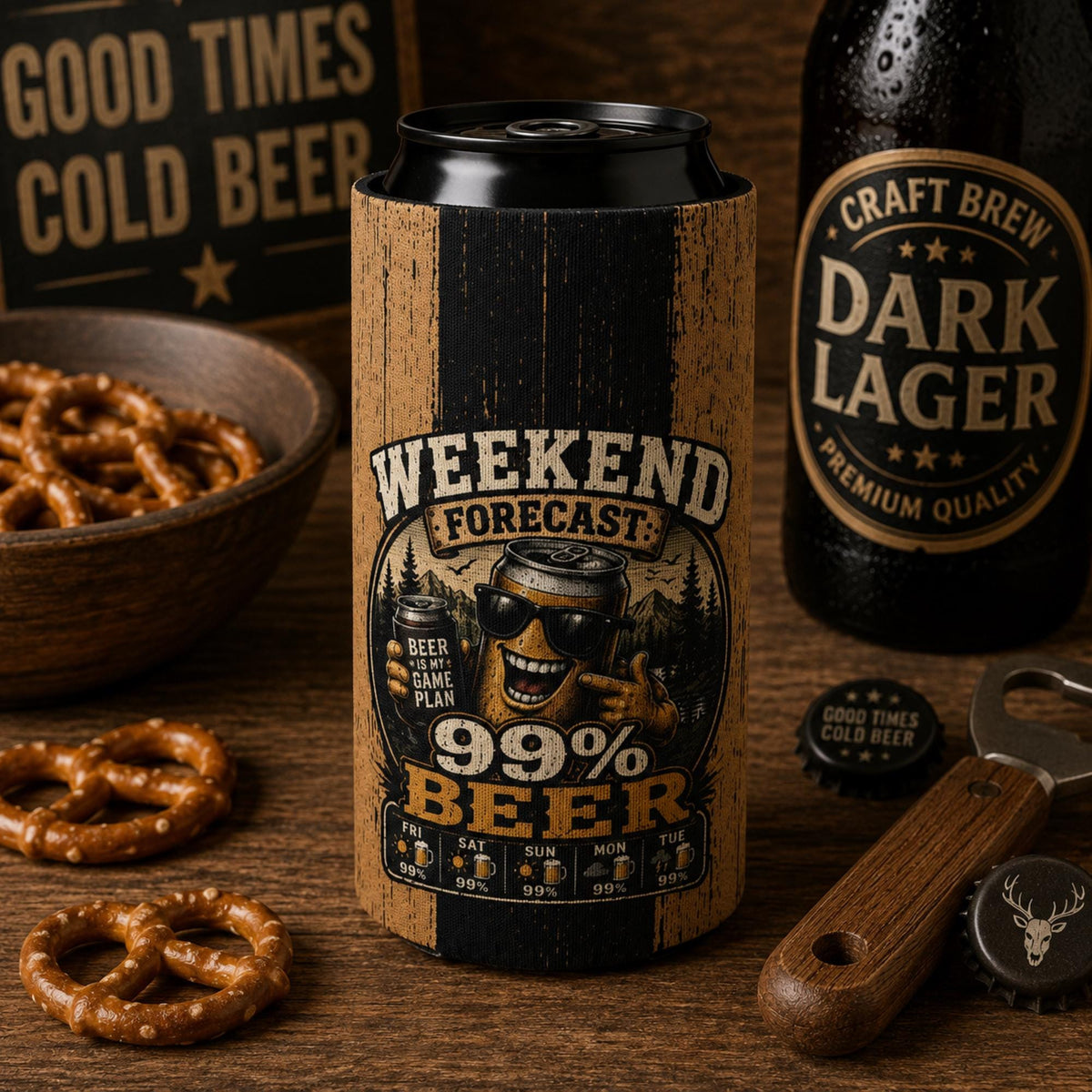 Back of the funny beer can cooler sleeve showcasing the wraparound beer forecast design with rustic wood texture.