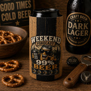 Back of the funny beer can cooler sleeve showcasing the wraparound beer forecast design with rustic wood texture.