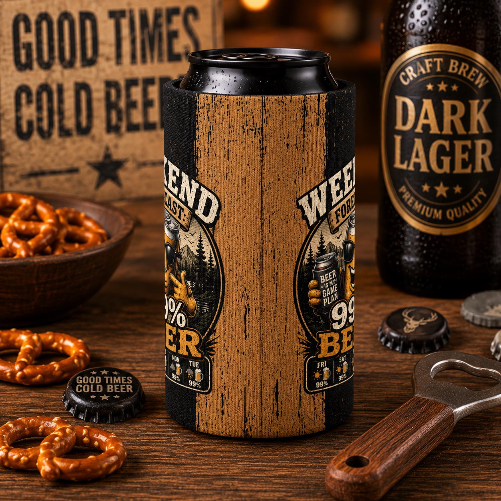 Side view of a rustic beer can cooler sleeve featuring distressed wood stripes and wraparound Weekend Forecast artwork.