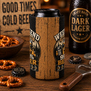Side view of a rustic beer can cooler sleeve featuring distressed wood stripes and wraparound Weekend Forecast artwork.