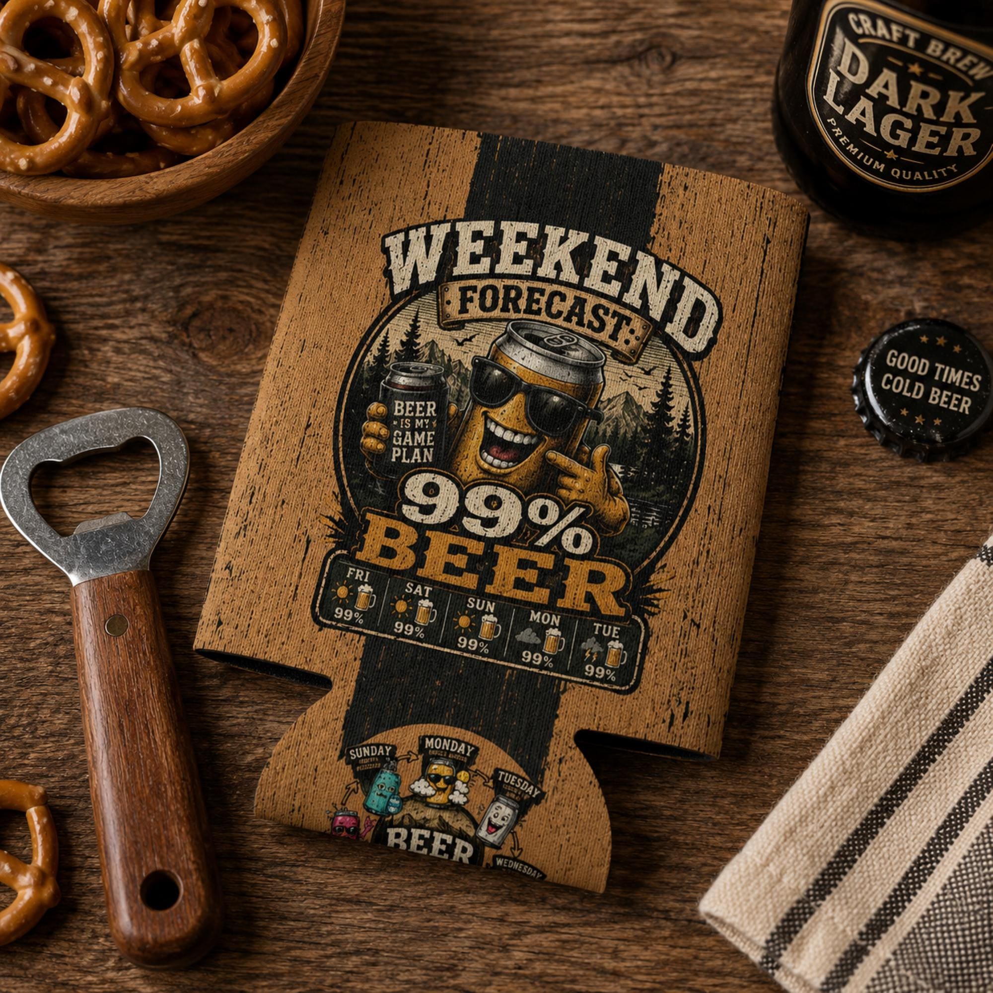Funny beer can cooler sleeve lying on a rustic wooden table showing the Weekend Forecast 99% Beer design.