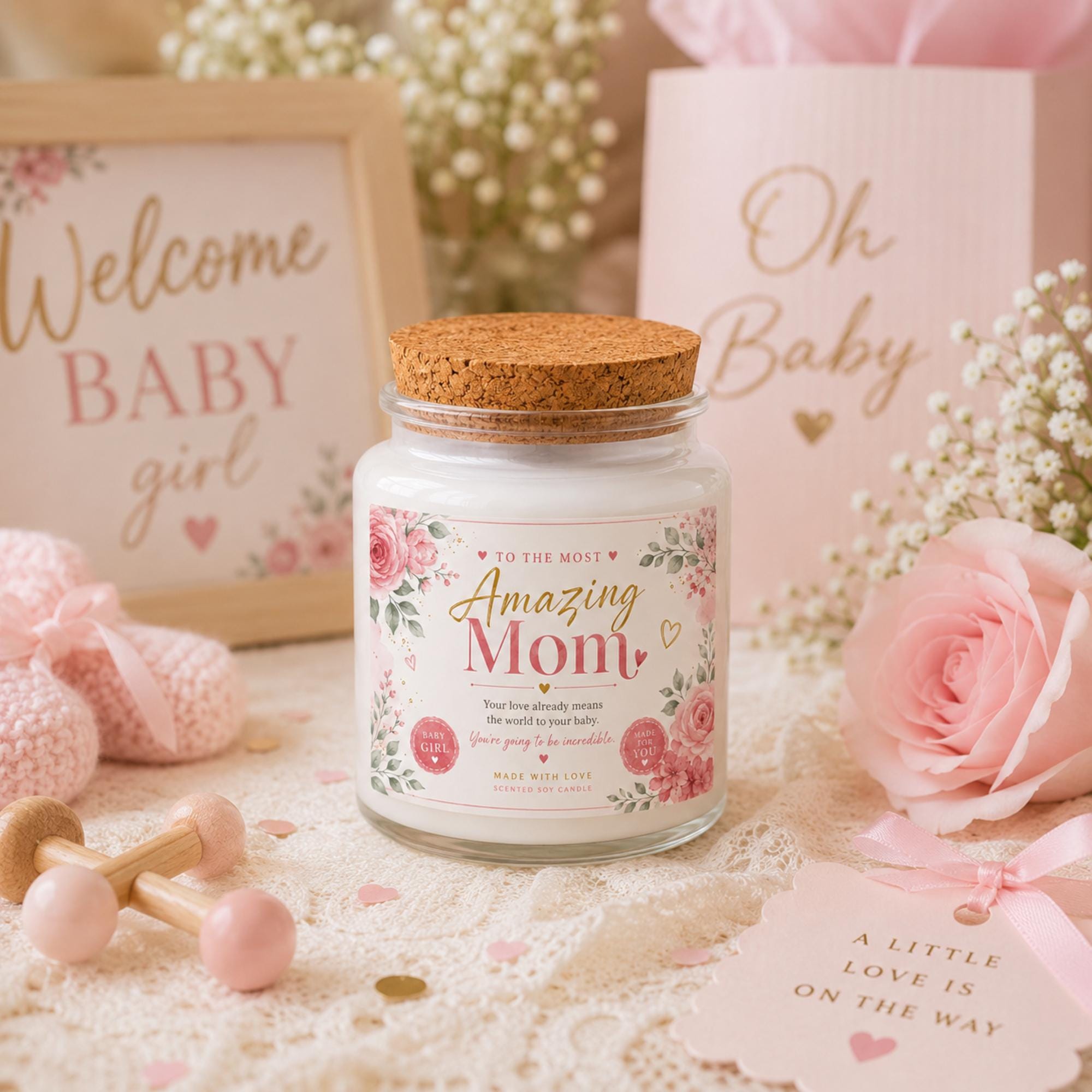 Mother’s Day gift set with blush pink blanket, handmade crochet bouquet, 4oz soy candle, and pink bow clip displayed in a soft pastel product infographic.