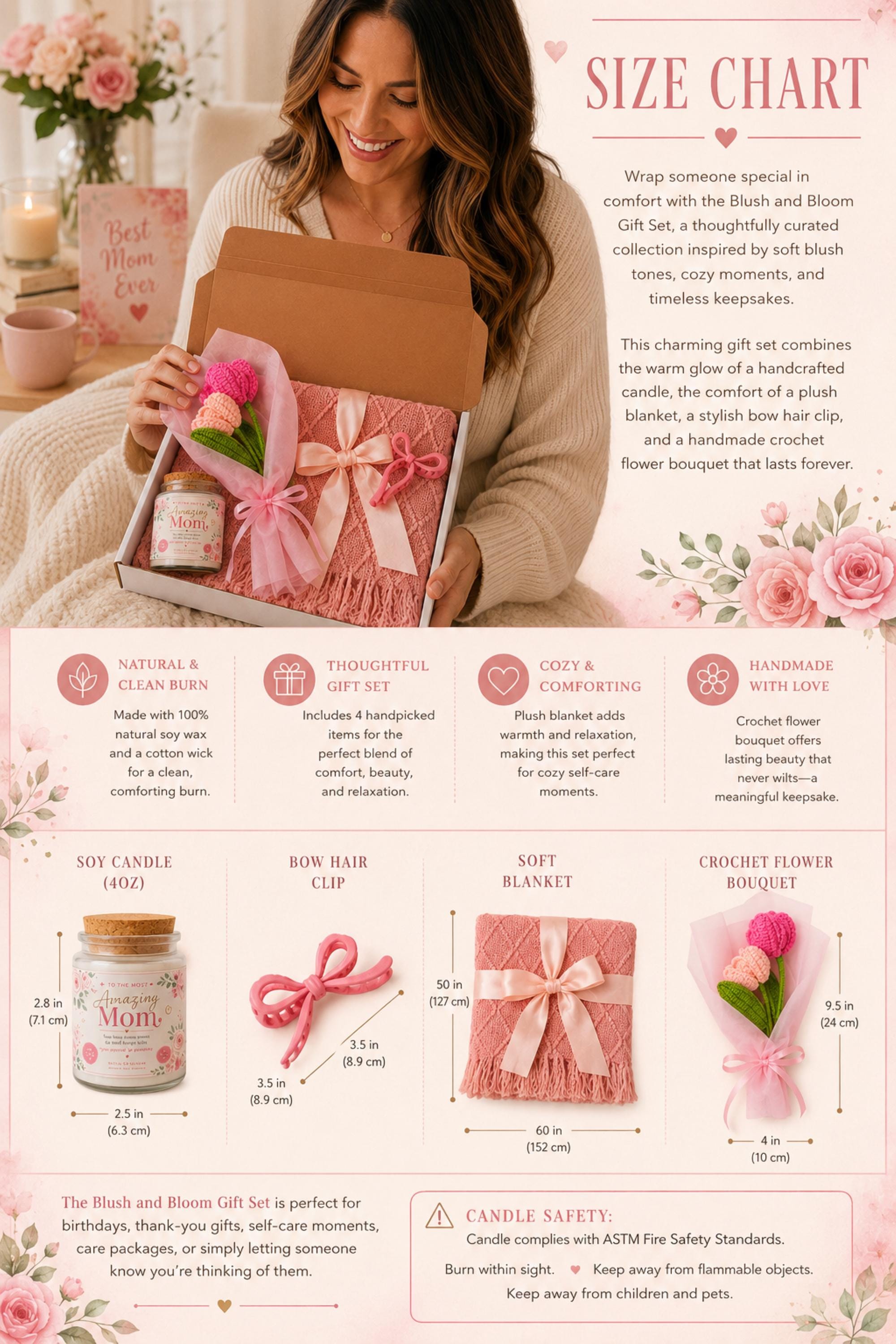 Blush and Bloom gift set size chart featuring a pink knit blanket, 4oz soy candle, crochet flower bouquet, and pink bow hair clip with product dimensions.