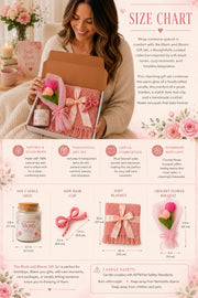 Blush and Bloom gift set size chart featuring a pink knit blanket, 4oz soy candle, crochet flower bouquet, and pink bow hair clip with product dimensions.
