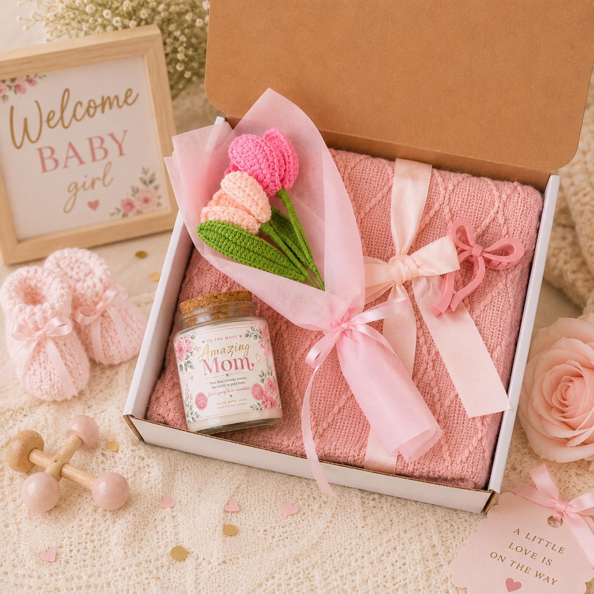 Cozy pink gift box set with soft blanket, Amazing Mom soy candle, crochet flowers, and bow hair clip, perfect for Mother’s Day or thoughtful gifting.