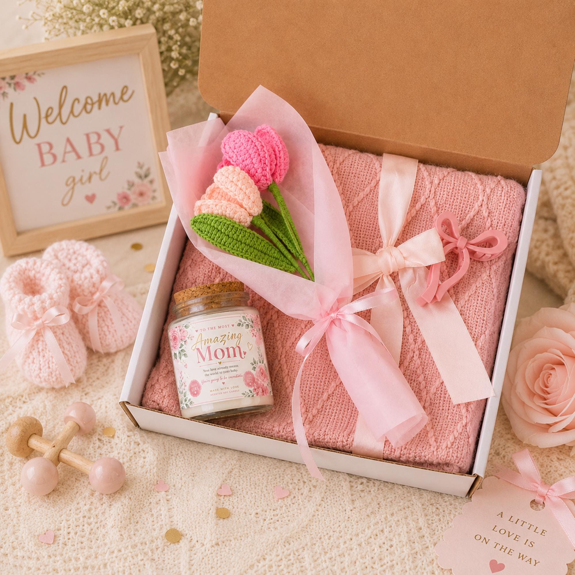 Cozy pink gift box set with soft blanket, Amazing Mom soy candle, crochet flowers, and bow hair clip, perfect for Mother’s Day or thoughtful gifting.