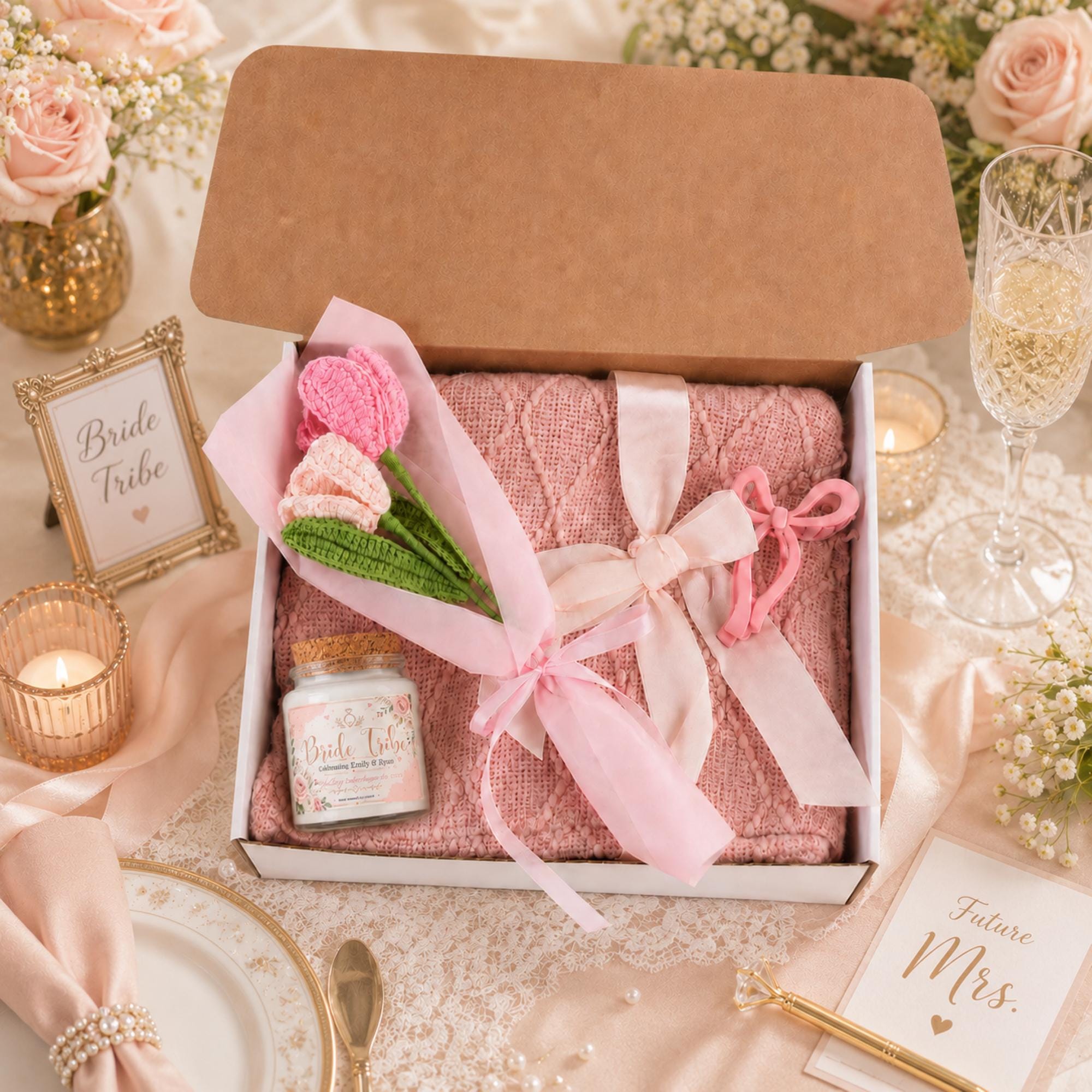 Bridal party gift set with custom Bride Tribe candle label, soft pink blanket, handmade crochet bouquet, and bow hair clip for bridesmaids.