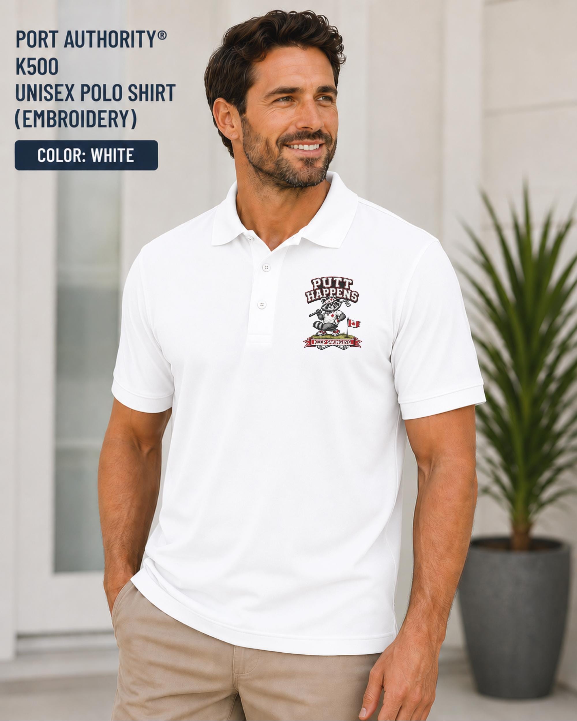 White Port Authority K500 embroidered golf polo featuring a funny raccoon golfer design with the phrase Putt Happens and Keep Swinging