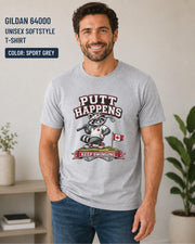 Sport grey Gildan 64000 golf t-shirt featuring a funny raccoon golfer with Putt Happens Keep Swinging design and Canadian flag accent