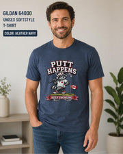 Heather navy Gildan 64000 golf t-shirt featuring a funny raccoon golfer with Putt Happens Keep Swinging design and Canadian flag accent