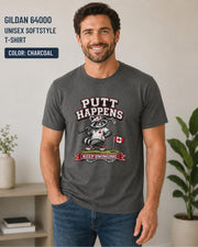 Charcoal Gildan 64000 golf t-shirt featuring a funny raccoon golfer with Putt Happens Keep Swinging design and Canadian flag accent