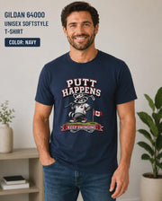 Navy Gildan 64000 golf t-shirt featuring a funny raccoon golfer with Putt Happens Keep Swinging design and Canadian flag accent