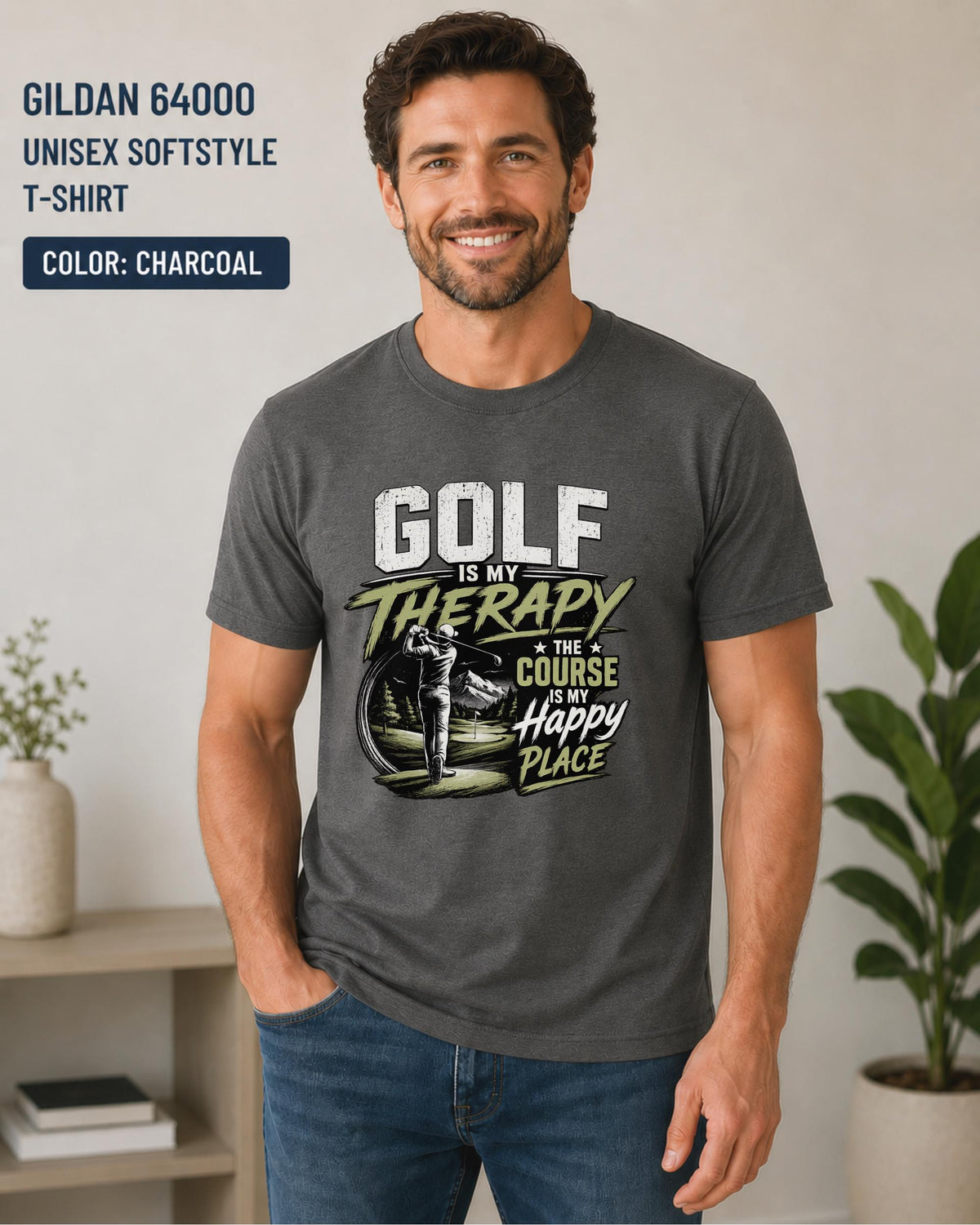 Funny golf shirt featuring golfer silhouette and happy place quote