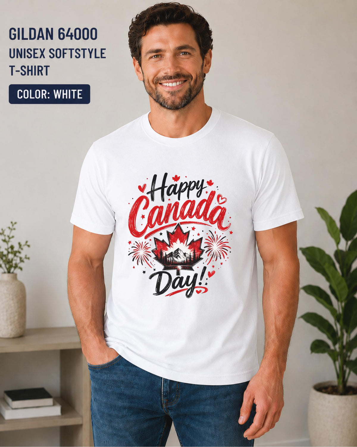 Patriotic Canada Day apparel with mountain landscape artwork