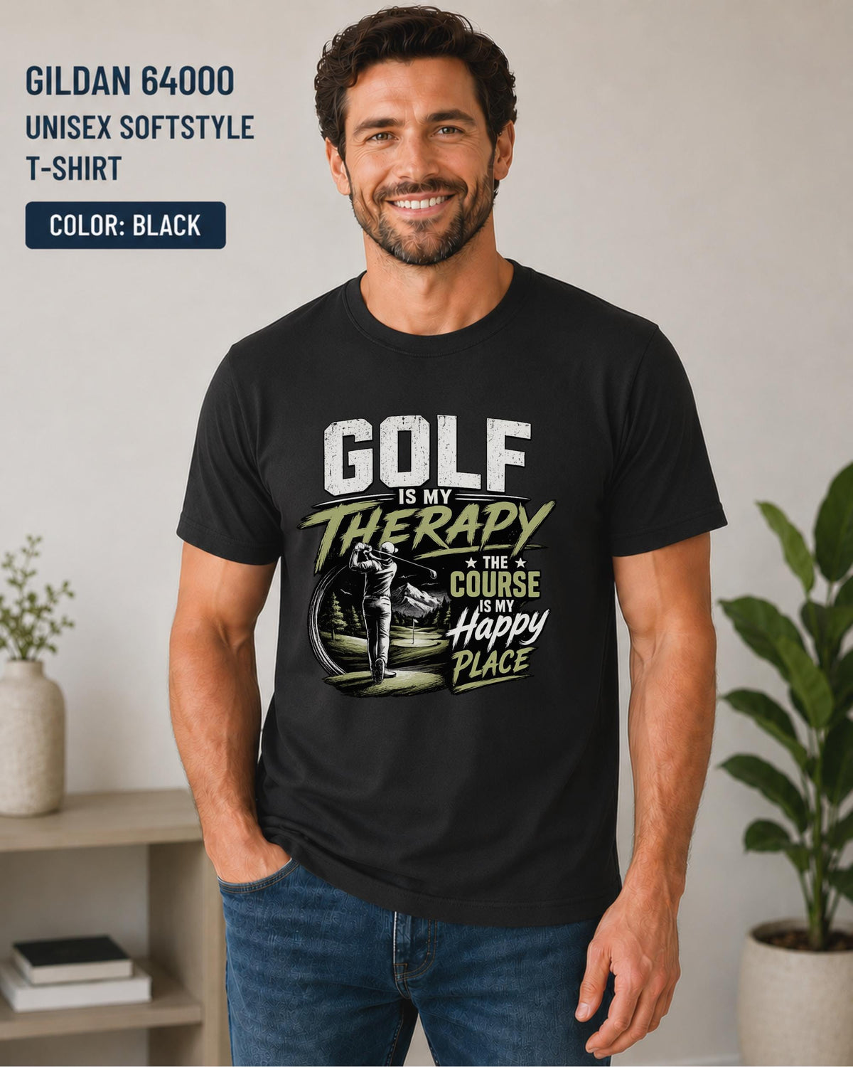 Golf Is My Therapy shirt on black Gildan 64000 Softstyle tee