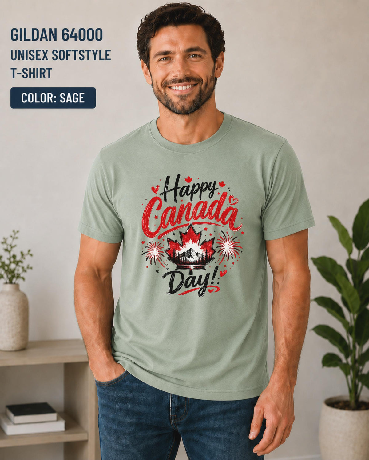 Happy Canada Day design on sage green Gildan 64000 t-shirt