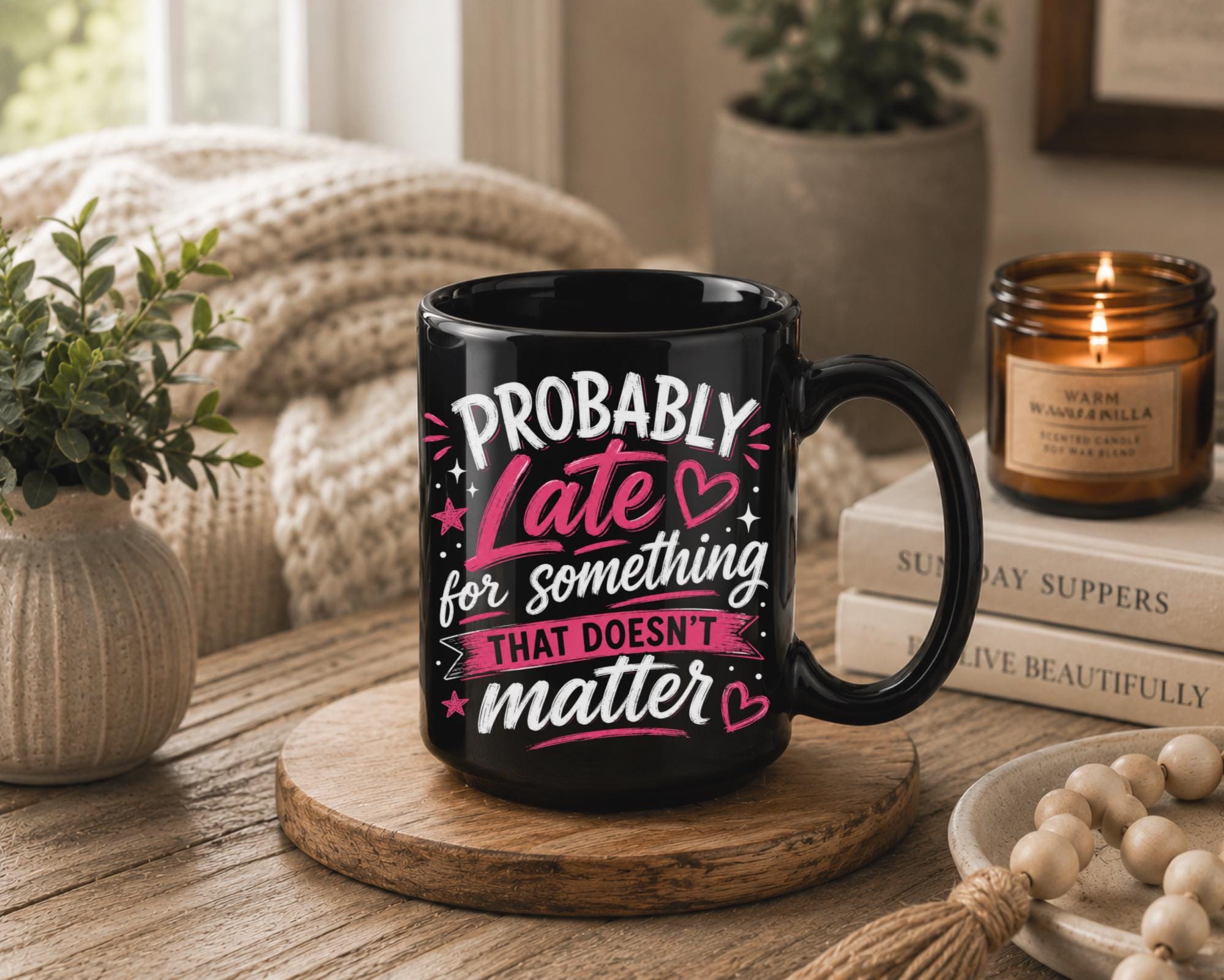 Black ceramic coffee mug featuring the phrase "Probably Late for Something That Doesn't Matter" in pink and white typography, available in 11 oz and 15 oz sizes.