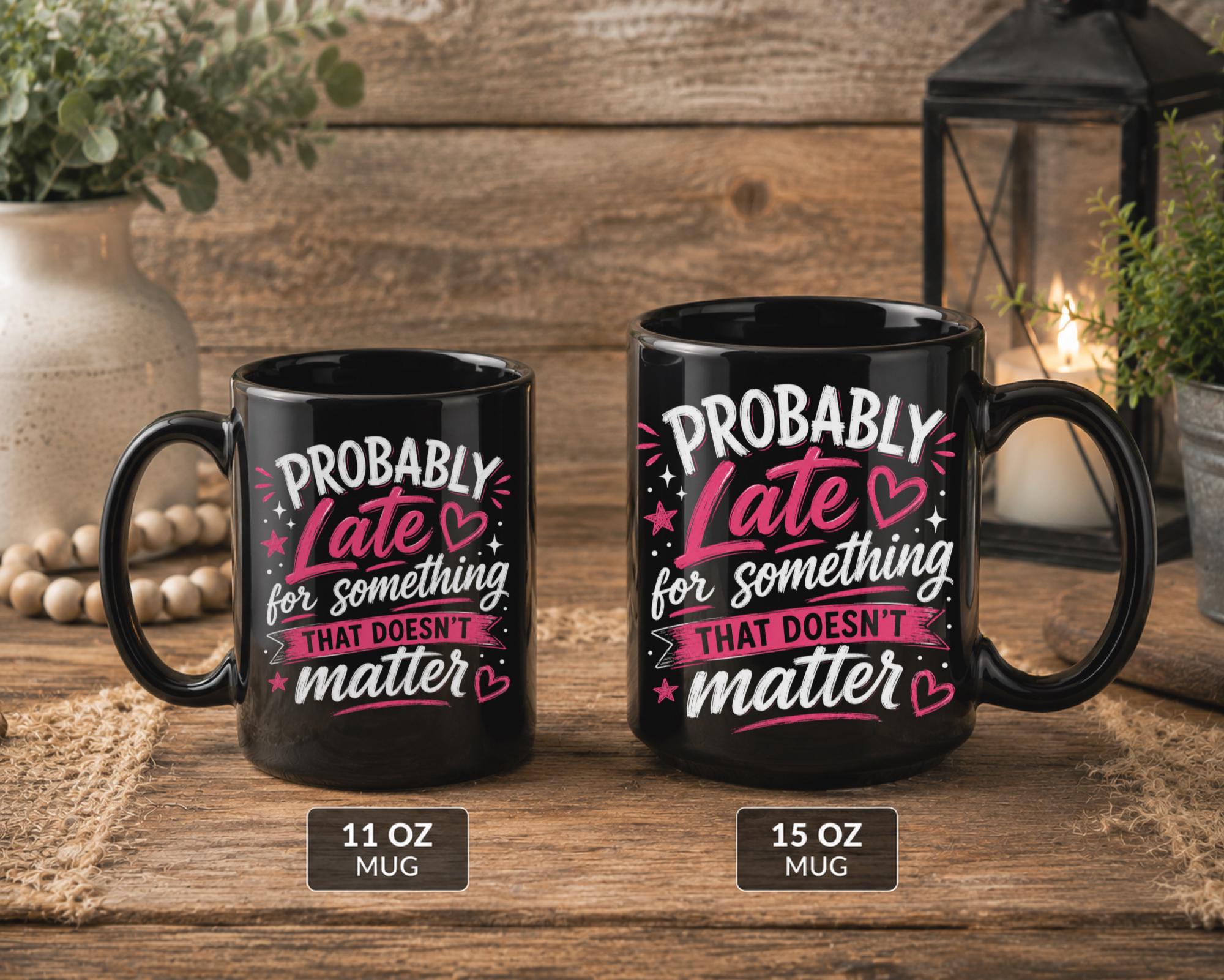 Side by side comparison: Black ceramic coffee mug featuring the phrase "Probably Late for Something That Doesn't Matter" in pink and white typography, available in 11 oz and 15 oz sizes.