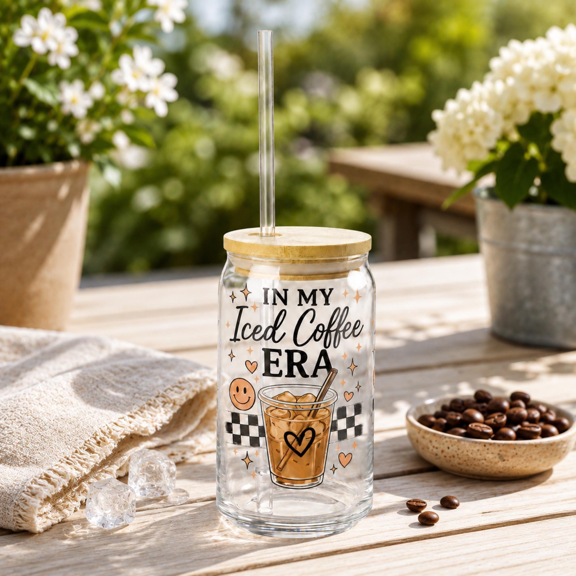 Aesthetic iced coffee tumbler featuring funny caffeine themed saying