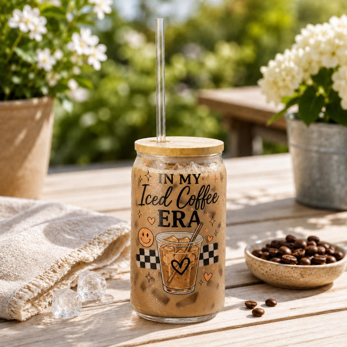 Clear glass can cup with bamboo lid for cold brew enthusiasts