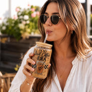 Funny iced coffee glass can with adulting humor quote and bamboo lid