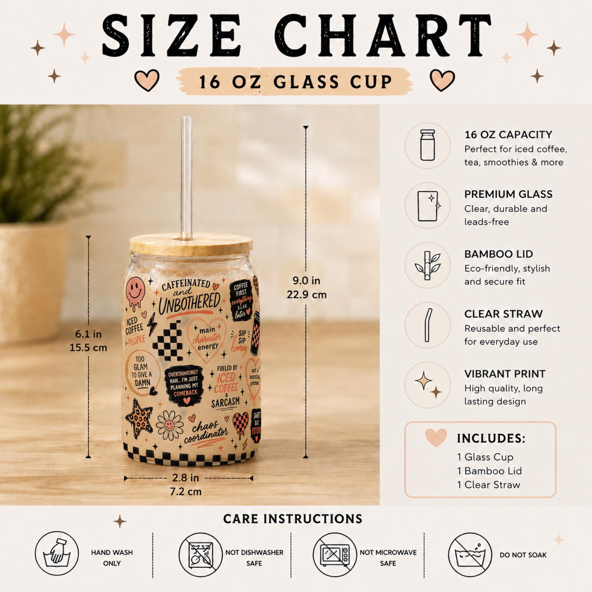 Size chart for a Trendy 16oz glass tumbler featuring caffeinated and unbothered artwork