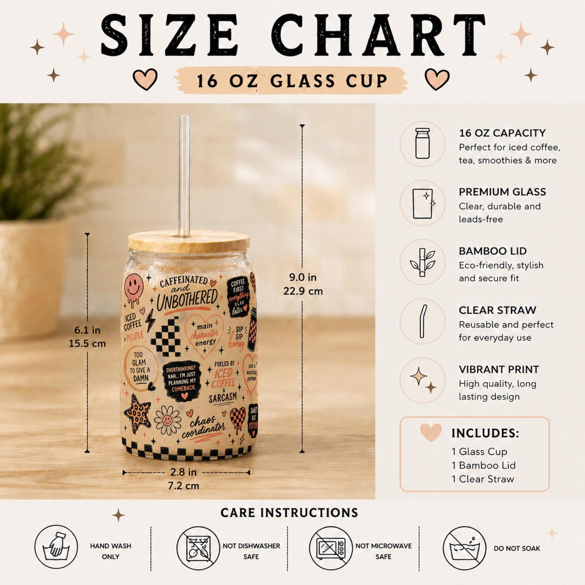 Size chart for a Trendy 16oz glass tumbler featuring caffeinated and unbothered artwork