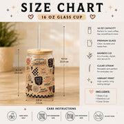 Size chart for a Trendy 16oz glass tumbler featuring caffeinated and unbothered artwork