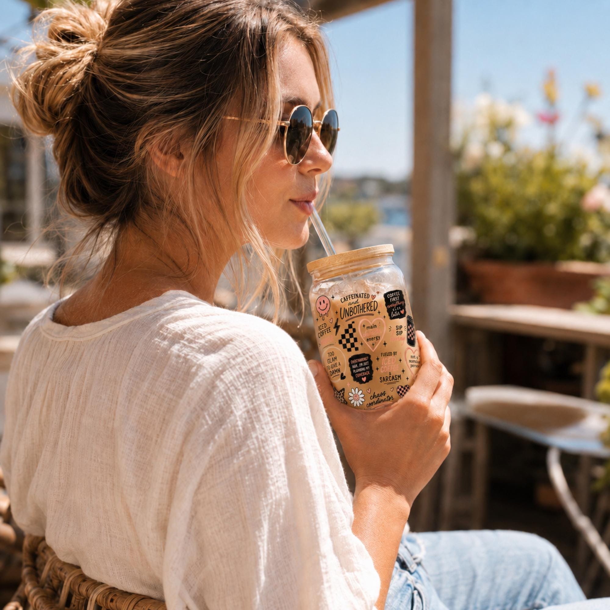 Coffee lover gift with bamboo lid and reusable glass straw