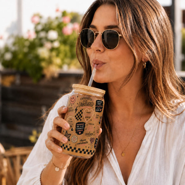 Aesthetic iced coffee glass can with coffee themed collage design
