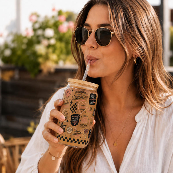 Aesthetic iced coffee glass can with coffee themed collage design