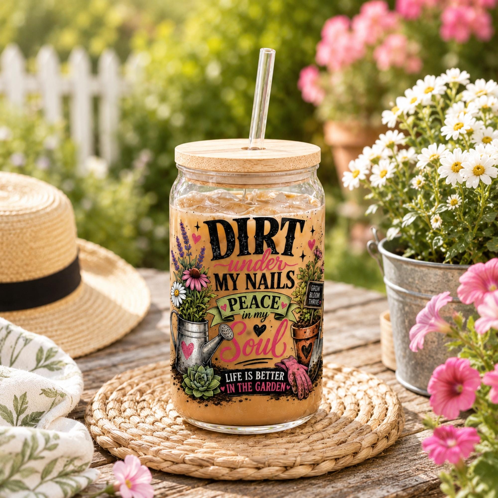 Floral gardener tumbler decorated with flowers succulents and garden tools