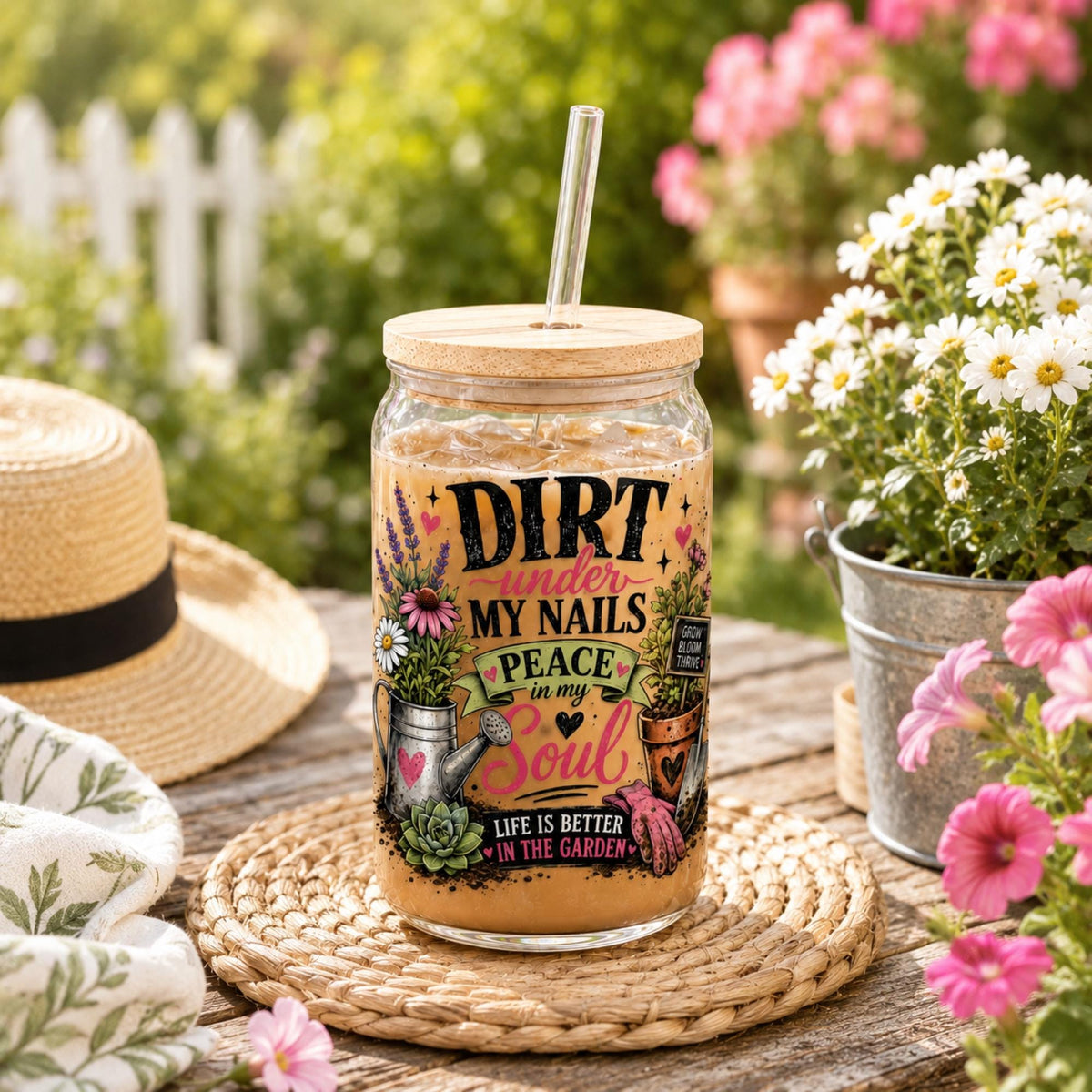 Floral gardener tumbler decorated with flowers succulents and garden tools