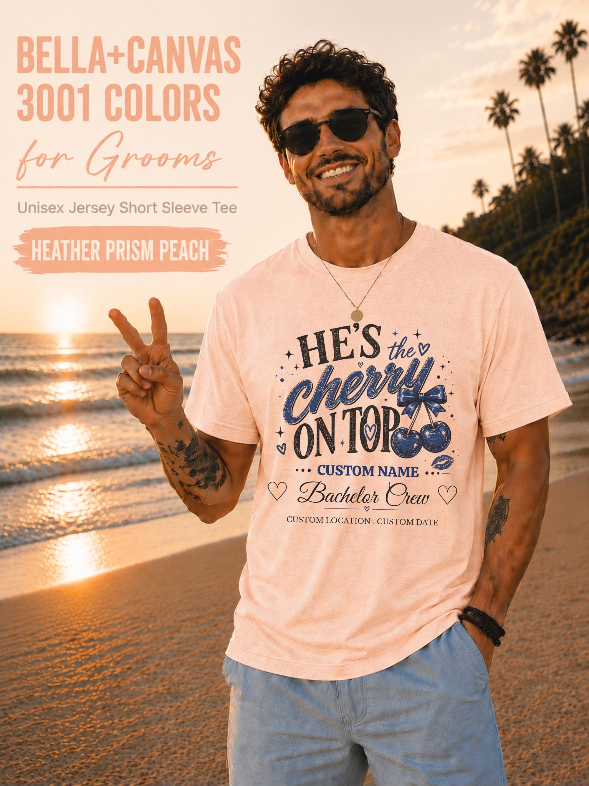 Bella+Canvas 3001 Heather Prism Peach unisex T-shirt featuring a customizable "He's the Cherry on Top" bachelor crew design with blue cherries, custom name, location, and wedding date for bachelor party celebrations.