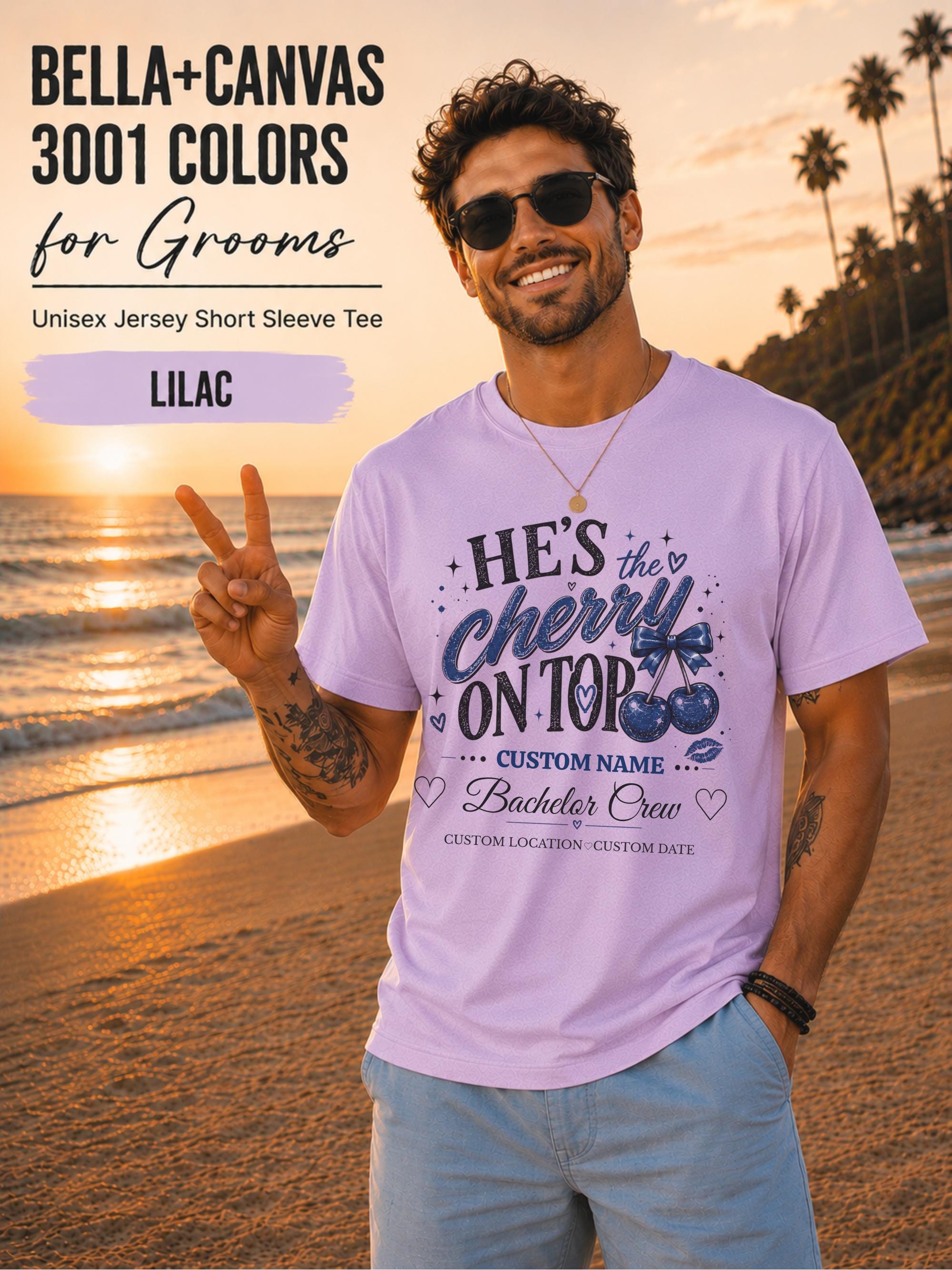 Bella+Canvas 3001 Lilac unisex T-shirt featuring a customizable "He's the Cherry on Top" bachelor crew design with blue cherries, custom name, location, and wedding date for bachelor party celebrations.