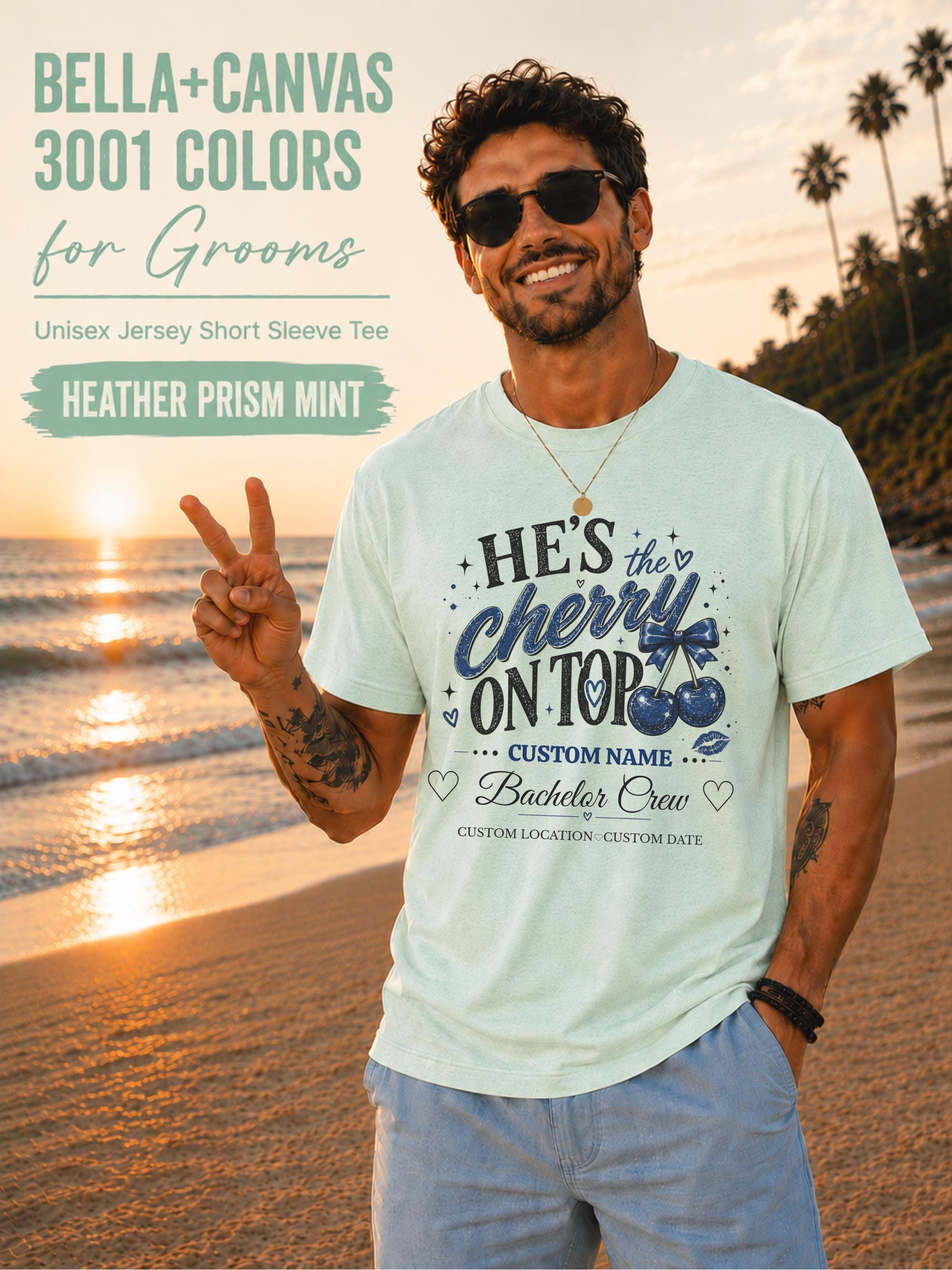 Bella+Canvas 3001 Heather Prism Mint unisex T-shirt featuring a customizable "He's the Cherry on Top" bachelor crew design with blue cherries, custom name, location, and wedding date for bachelor party celebrations.