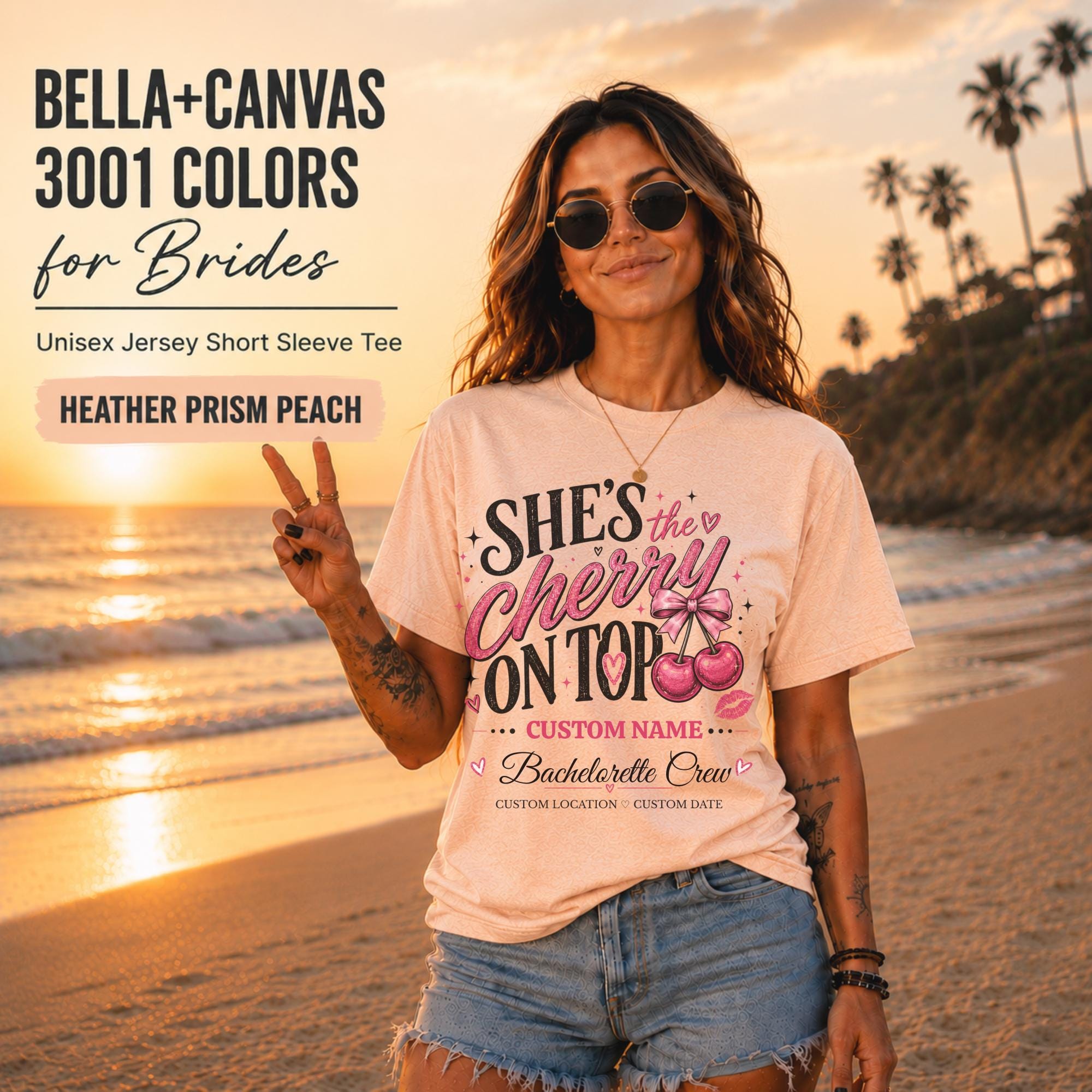 Bella+Canvas 3001 Heather Prism Peach unisex T-shirt featuring a customizable "She's the Cherry on Top" bachelorette crew design with pink cherries, custom name, location, and wedding date for bridal party celebrations.
