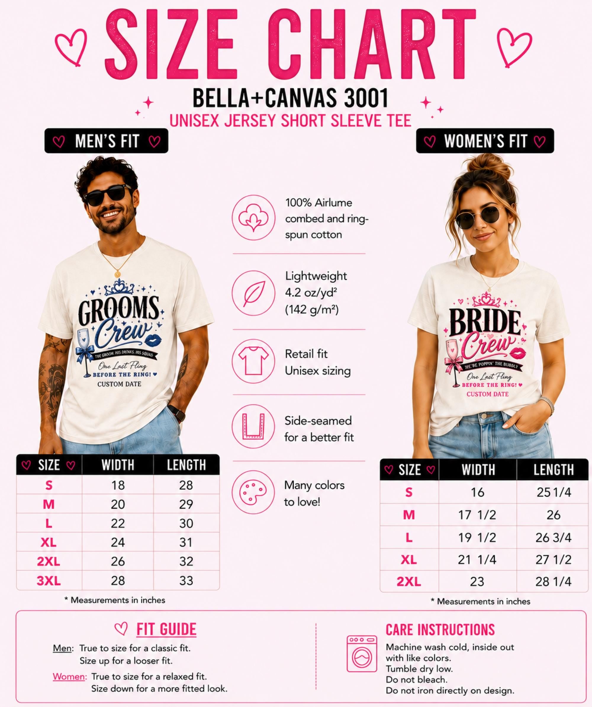 Bella+Canvas 3001 unisex T-shirt size chart featuring Bride Crew and Groom Crew designs with men's and women's fit measurements, sizing guide, fabric details, and care instructions.