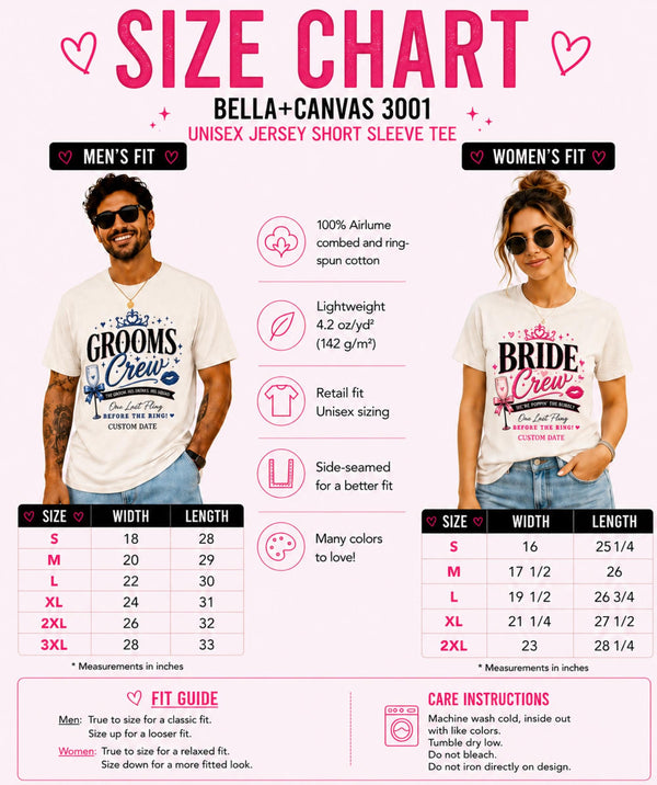 Bella+Canvas 3001 unisex T-shirt size chart featuring Bride Crew and Groom Crew designs with men's and women's fit measurements, sizing guide, fabric details, and care instructions.