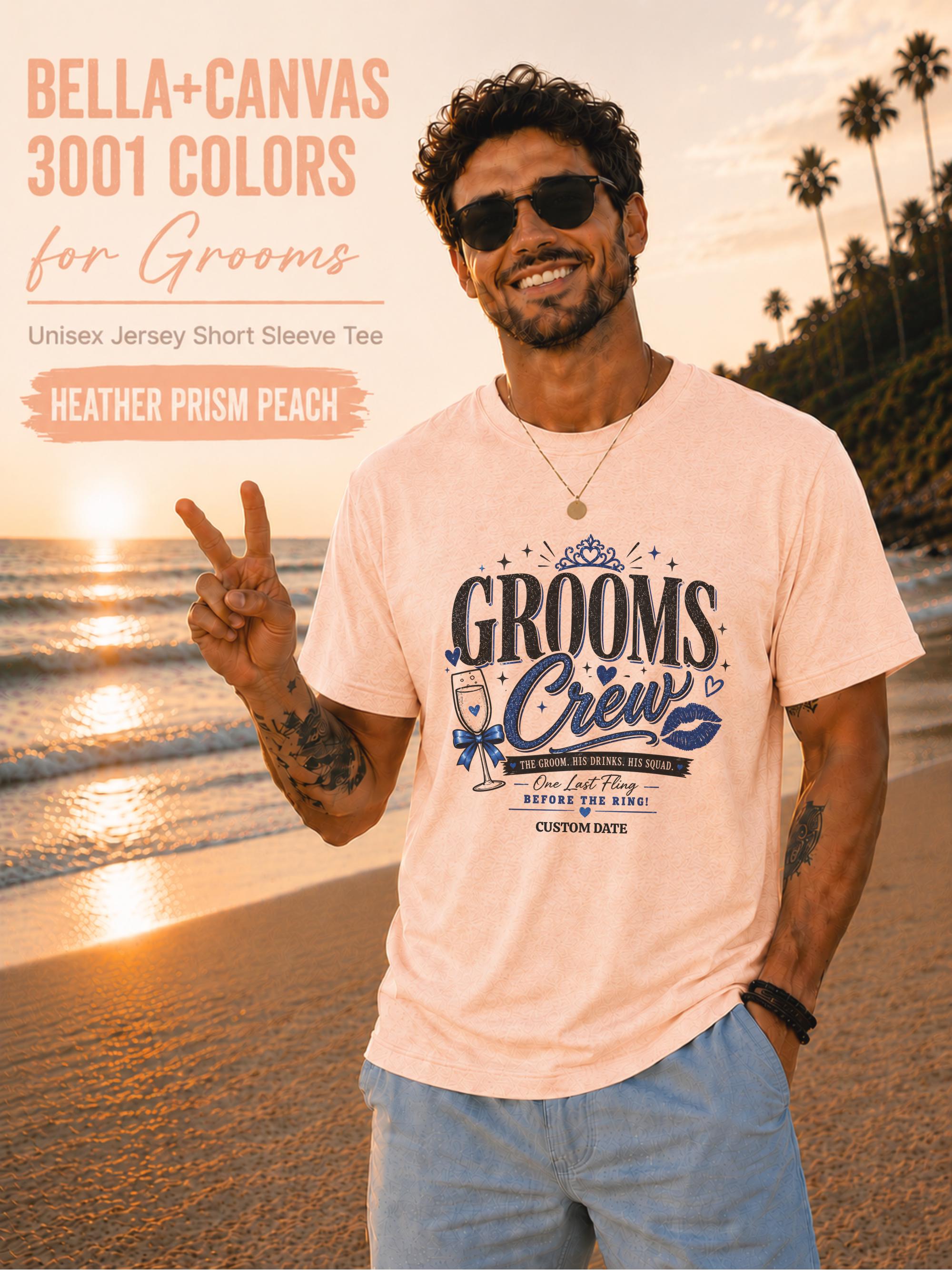 Bella+Canvas 3001 Heather Prism Peach groom crew shirt featuring a blue wedding party design with champagne glass, crown, kiss mark, and customizable wedding date for bachelor party celebrations.