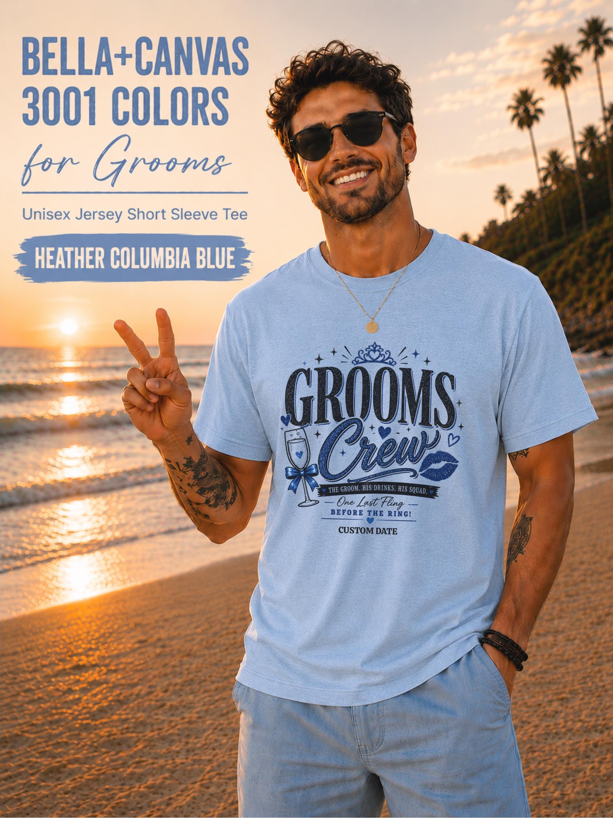 Bella+Canvas 3001 Heather Columbia Blue groom crew shirt featuring a blue wedding party design with champagne glass, crown, kiss mark, and customizable wedding date for bachelor party celebrations.