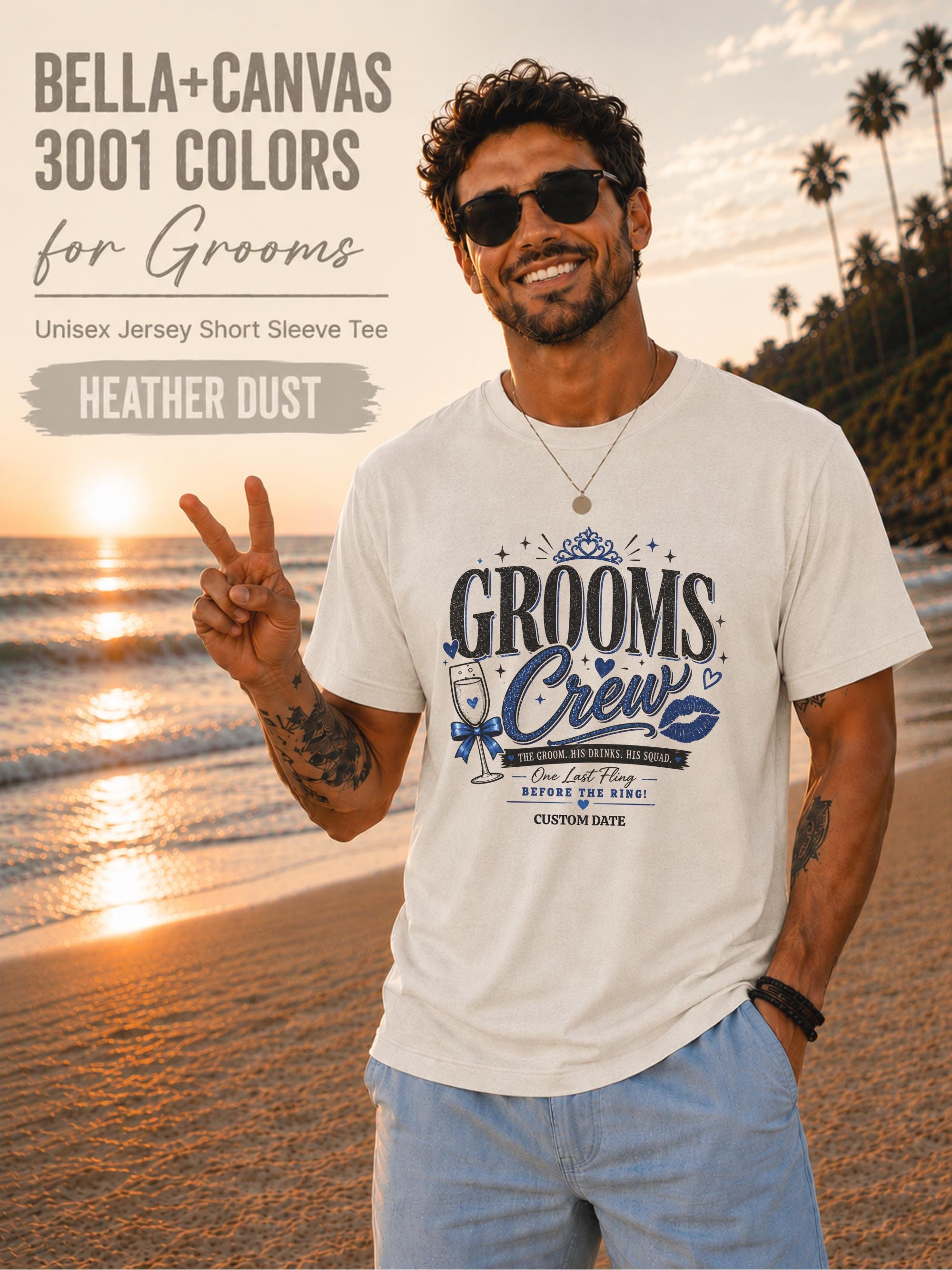 Bella+Canvas 3001 Heather Dust groom crew shirt featuring a blue wedding party design with champagne glass, crown, kiss mark, and customizable wedding date for bachelor party celebrations.